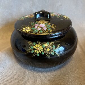VTG Beautiful Hand Painted Powder Jar Brown Ceramic Brown Floral Japan Pottery